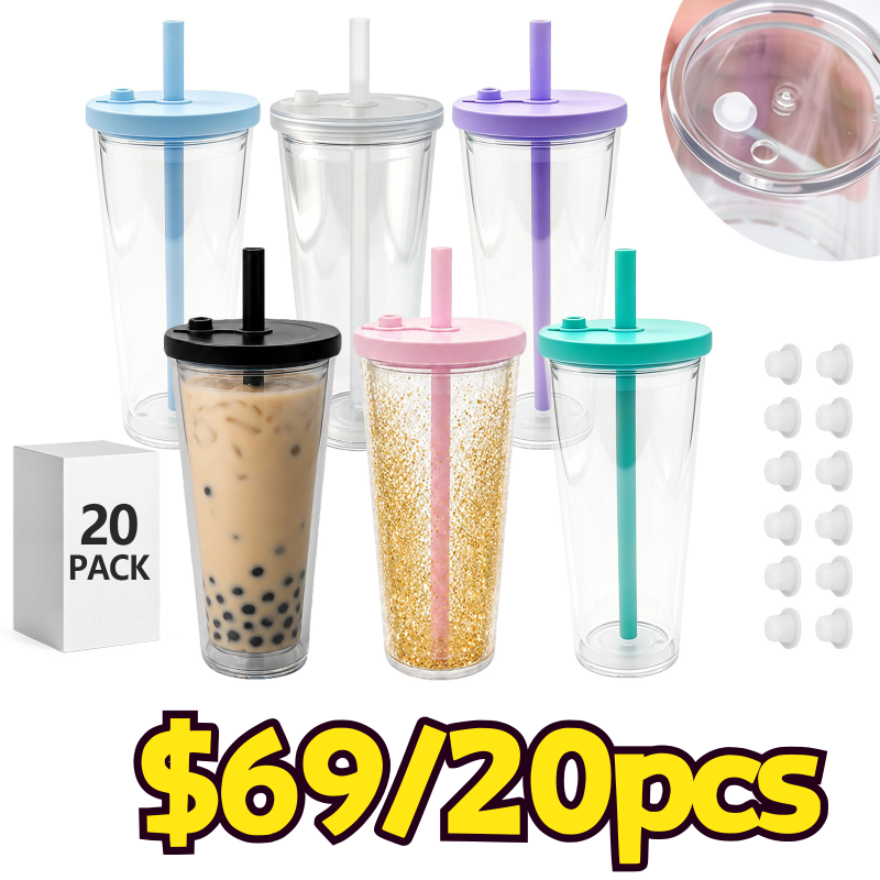 USA Warehouse 12oz/16oz/24oz Plastic Snow Globe Tumbler with Pre Drilled Hole Bottle Double Walled Plastic Cups with Colorful Tops Free Shipping (20PCS)