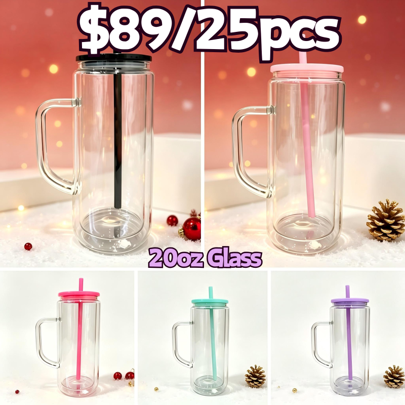 SALES US RTS 20oz Sublimation Pre-drilled Glass Snow Globe Tumbler Cup Double Walled Tumbler with Handle Free Shipping (25PCS)