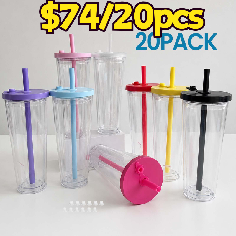 NEW USA Warehouse 24oz Plastic Snow Globe Tumbler with Pre Drilled Hole Bottle Double Walled Plastic Cups with Colorful Tops Free Shipping (20PCS)