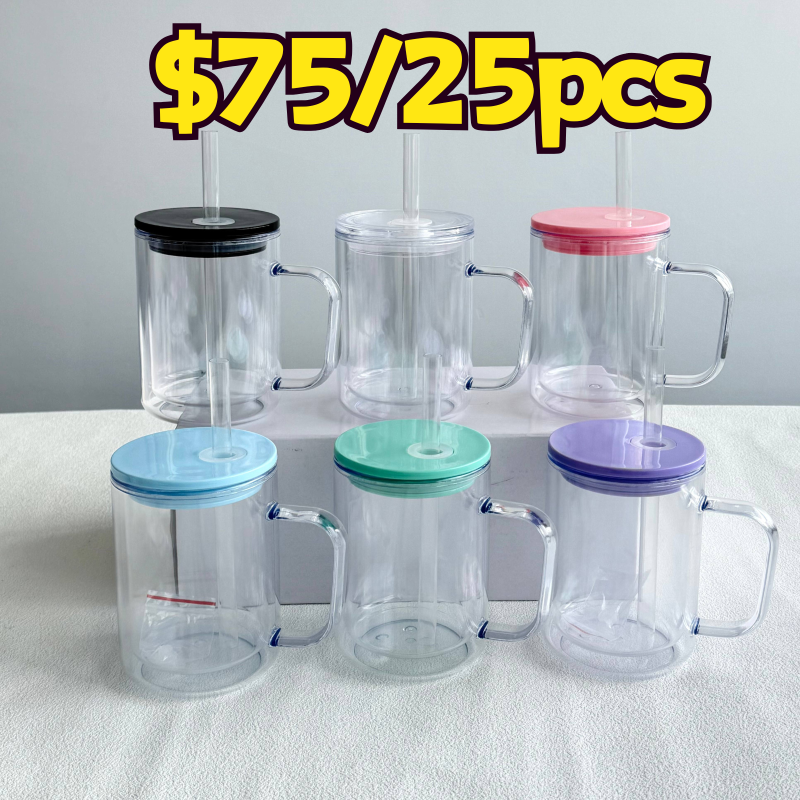 New USA Warehouse 17oz Plastic Pre-drilled Snow Globe Mug with Handle Tumbler Acrylic Snowglobe Tumbler Bottle Plastic Cups (with hole & plugs) Free Shipping (25PCS))