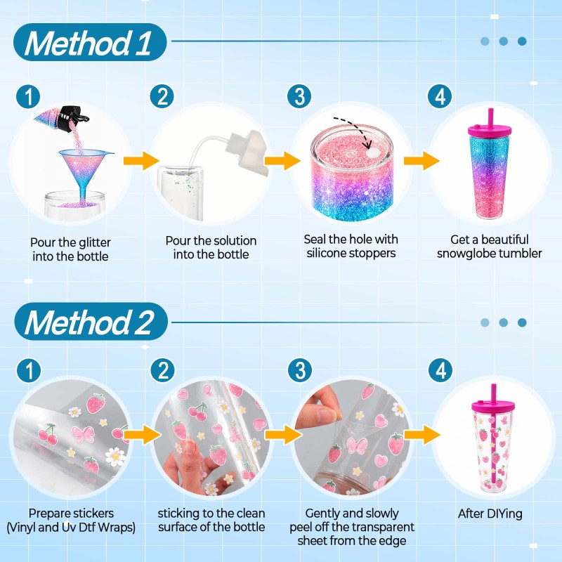 NEW USA Warehouse 24oz Plastic Snow Globe Tumbler with Pre Drilled Hole Bottle Double Walled Plastic Cups with Colorful Tops Free Shipping (20PCS)