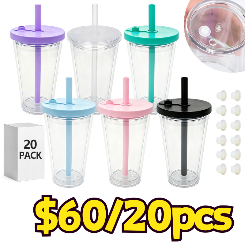 USA Warehouse 12oz/16oz/24oz Plastic Snow Globe Tumbler with Pre Drilled Hole Bottle Double Walled Plastic Cups with Colorful Tops Free Shipping (20PCS)