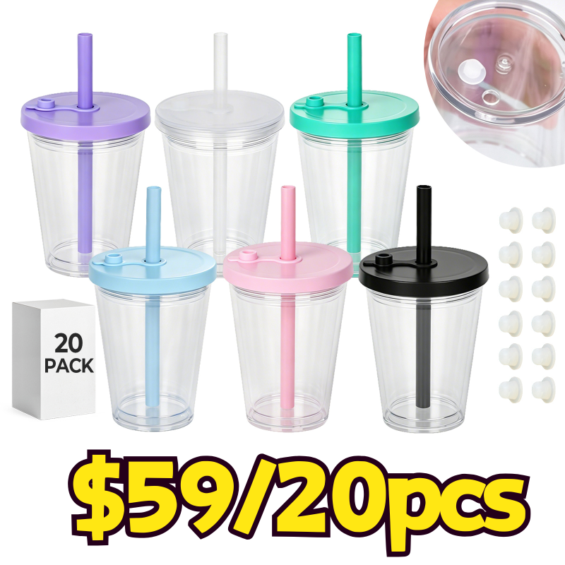 USA Warehouse 12oz/16oz/24oz Plastic Snow Globe Tumbler with Pre Drilled Hole Bottle Double Walled Plastic Cups with Colorful Tops Free Shipping (20PCS)