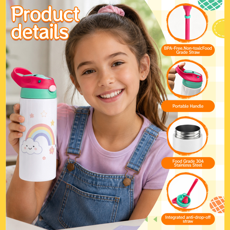 NEW US RTS 12oz/350ml Sublimation Bounce Kids Bottle Stainless Steel Flip Top Kids Cup Tumbler Free Shipping (30PCS)