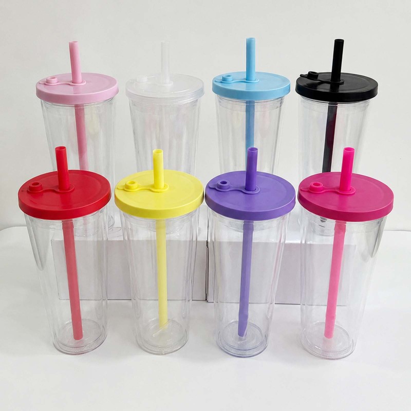 NEW USA Warehouse 24oz Plastic Snow Globe Tumbler with Pre Drilled Hole Bottle Double Walled Plastic Cups with Colorful Tops Free Shipping (20PCS)
