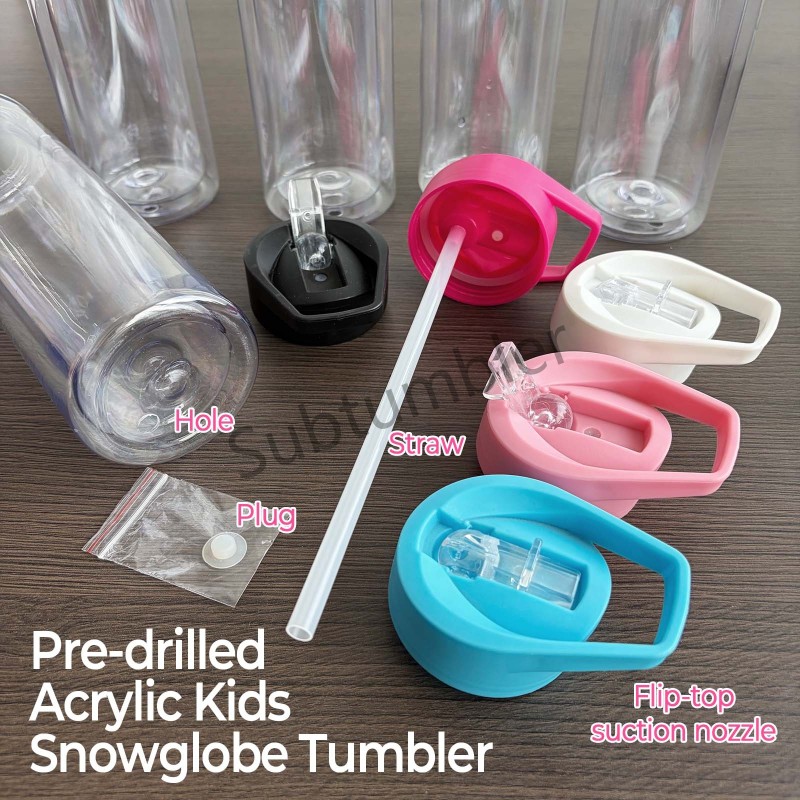 New US RTS 15oz Plastic Snow Globe Tumbler with Pre Drilled Hole Acrylic Double Wall Plastic Kids Bottle Cups Free Shipping (with hole and plugs) (25PCS/50PCS)
