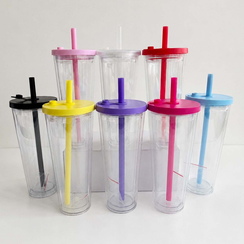NEW USA Warehouse 24oz Plastic Snow Globe Tumbler with Pre Drilled Hole Bottle Double Walled Plastic Cups with Colorful Tops Free Shipping (20PCS)