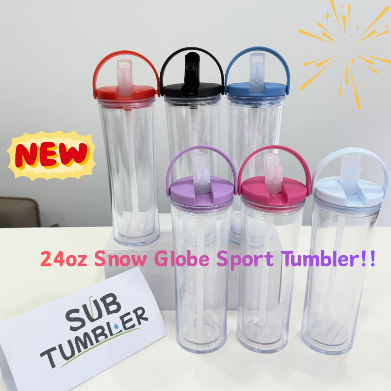 NEW China Warehouse 24oz/700ml Acrylic Snow Globe Sport Tumbler with Handle with Pre-drilled Hole Double Wall Plastic Tumbler with Hole and Plug Free Shipping (25pcs/50pcs)