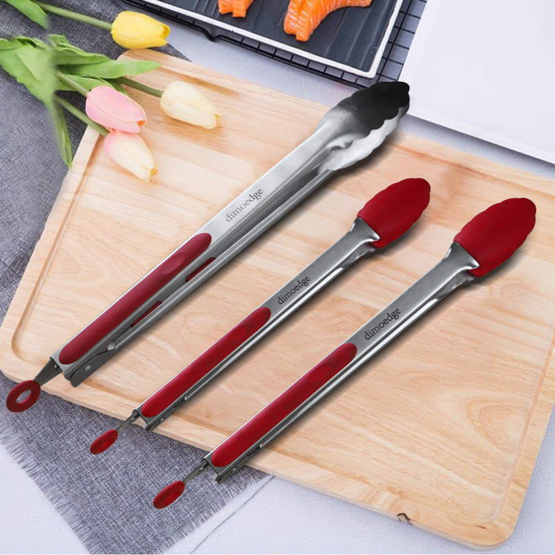 Dimoedge Kitchen Tongs 3-Piece Set – 7", 9", 12" Stainless Steel with Silicone Tips & Hanging Lock