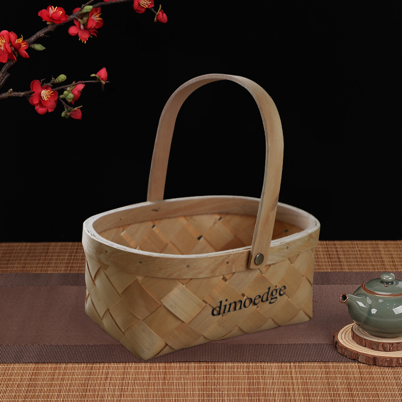 dimoedge Handwoven Bamboo Basket with Handle – 25x18x12cm, Wide Bamboo Strips, Rectangular Storage Organizer