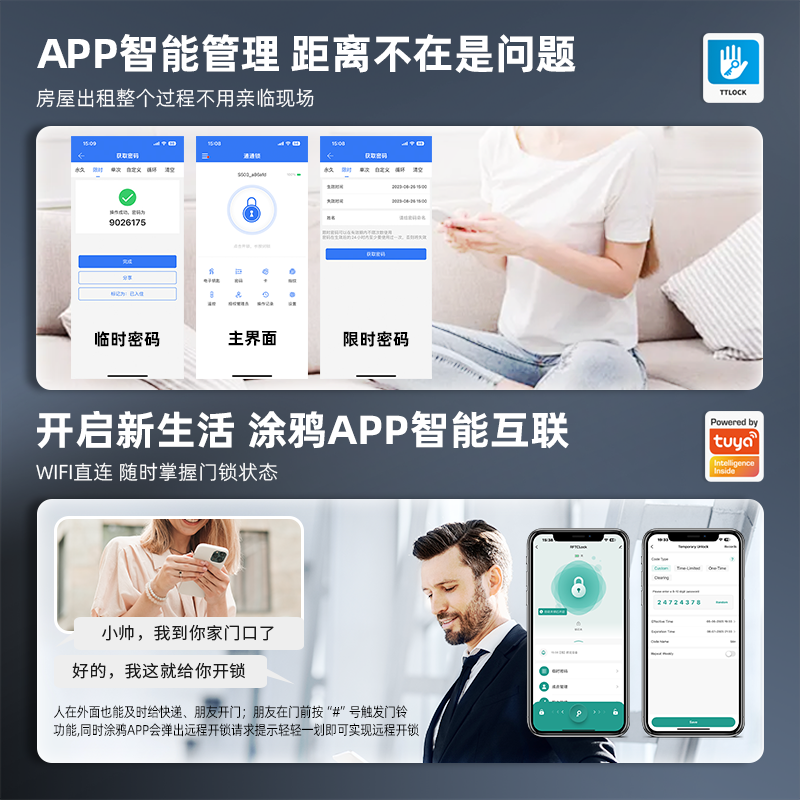 RFTC-涂鸦WiFi远程开锁外贸出口半自动指纹智能木门锁 办公室门锁