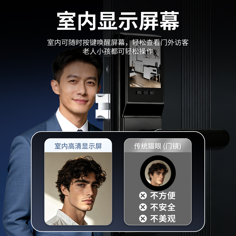 RFTC-猫眼抓拍指纹智能锁办公室木门锁室内锁涂鸦WiFi远程开锁外贸跨境