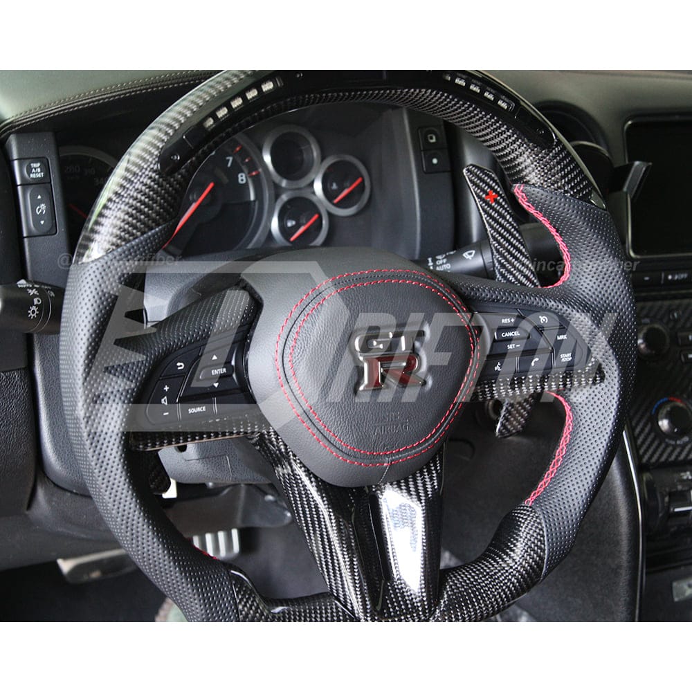 Customize Style Carbon Fiber Shift Light Steering Wheel With Center Trim And Shift Paddle (Perforated) For Nissan R35 GTR 2017-2019