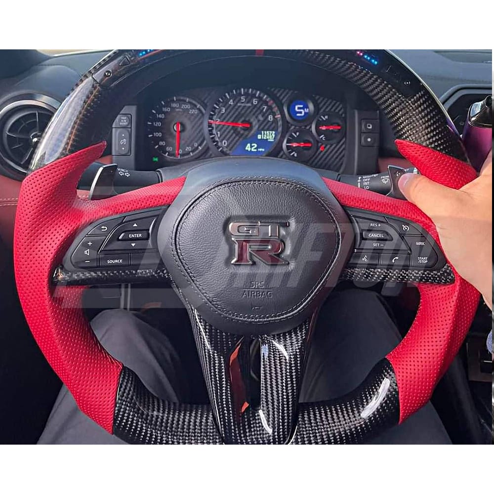 OKING-NI-35-189-STW    Customize Style Carbon Fiber Steering Wheel (Alcantara) With Center Trim And Shift Paddle For Nissan R35 GTR 2017-2019