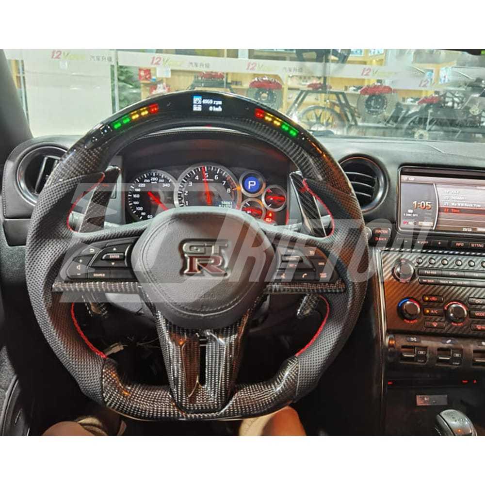 Customize Style Carbon Fiber Shift Light Steering Wheel With Center Trim And Shift Paddle (Perforated) For Nissan R35 GTR 2017-2019