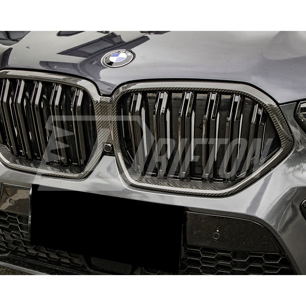 Double Slat Style Dry Carbon Fiber Front Bumper Grille For BMW F96 X6M 2019-2023