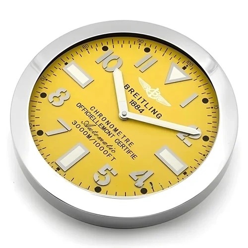 Breitling Wall Clock  Silver And Yellow Style Side