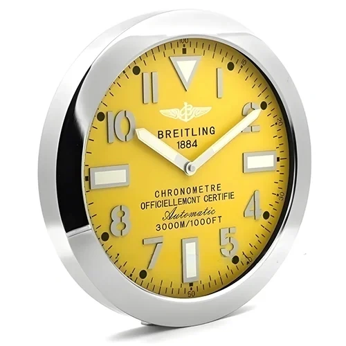 Breitling Wall Clock  Silver And Yellow Style Side