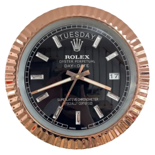 Rolex Date-Just Wall Clock  Crystal Dial Rose Gold And Black Front