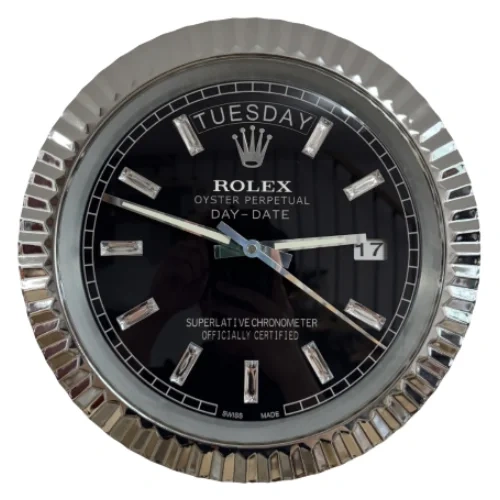 Rolex Date-Just Wall Clock  Crystal Dial Silver And Black Front