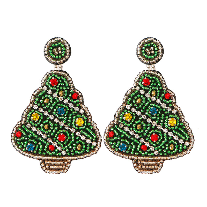 Christmas Earrings green weave Christmas tree drop large dangle colorful bead diamond crystal shining cute lovely unique