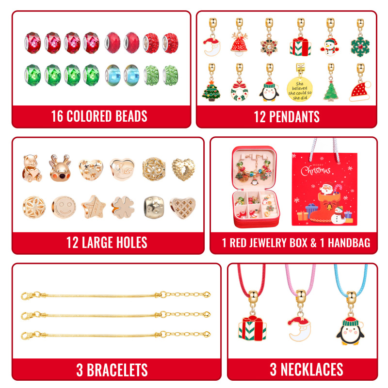 [HOT] Christmas Bracelet Necklace DIY SET 3 PCS Jewelry Box Mirror Handbag gold silver pendant bead chain creative trendy popular children girls women