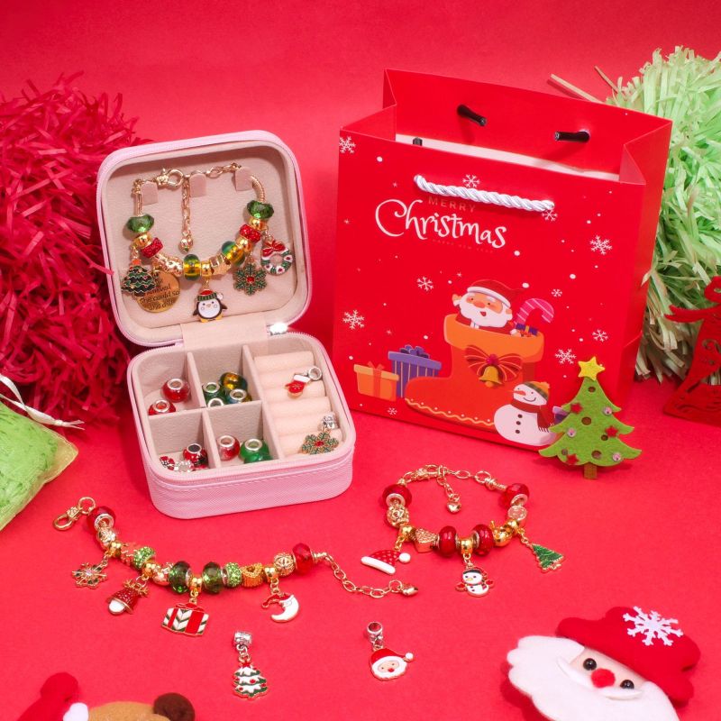 [HOT] Christmas Bracelet Necklace DIY SET 3 PCS Jewelry Box Mirror Handbag gold silver pendant bead chain creative trendy popular children girls women