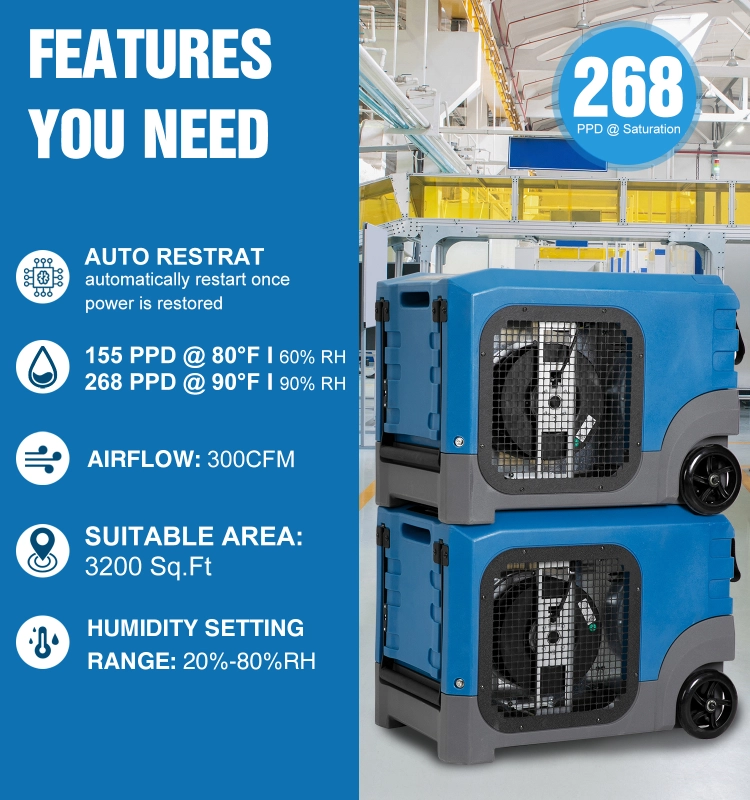 MOUNTO DH155W 268Pints Compact Roto-Molding LGR Dehumidifier for Water Damage Restoration