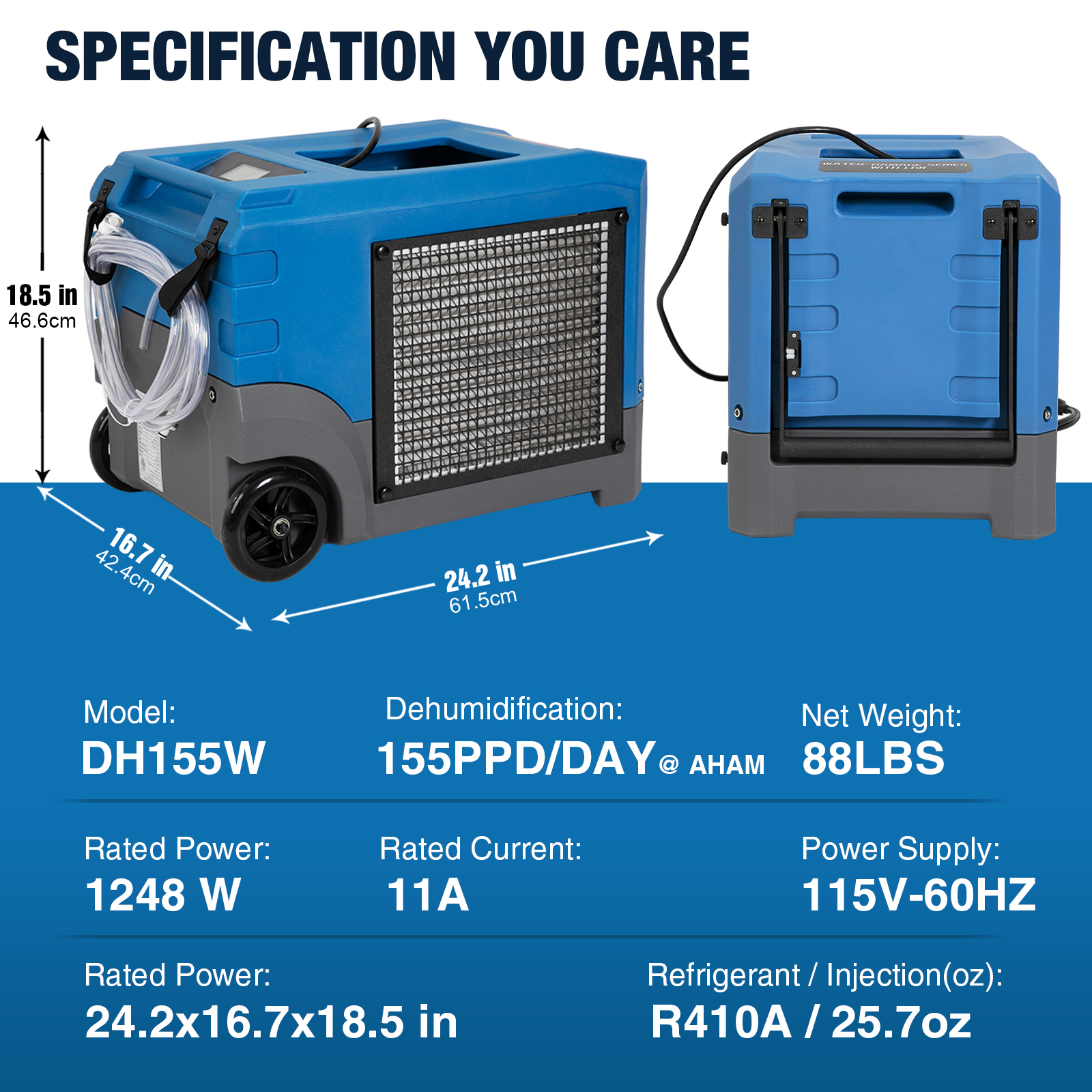 MOUNTO DH155W 268Pints Compact Roto-Molding LGR Dehumidifier for