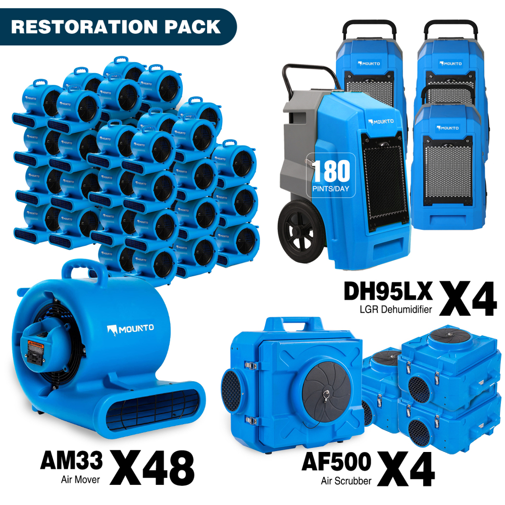 MOUNTO Air Mover Air Scrubber Dehumidifier Combo Package for Water Damage Restoration （ 4xDH95 4xAF500 48xAM33