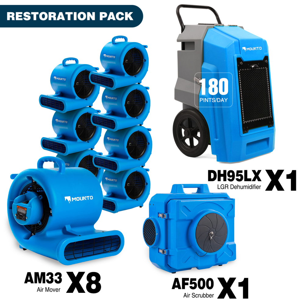 MOUNTO Air Mover Air Scrubber Dehumidifier Combo Package for Water Damage Restoration （ 1xDH95 1xAF500 8xAM33