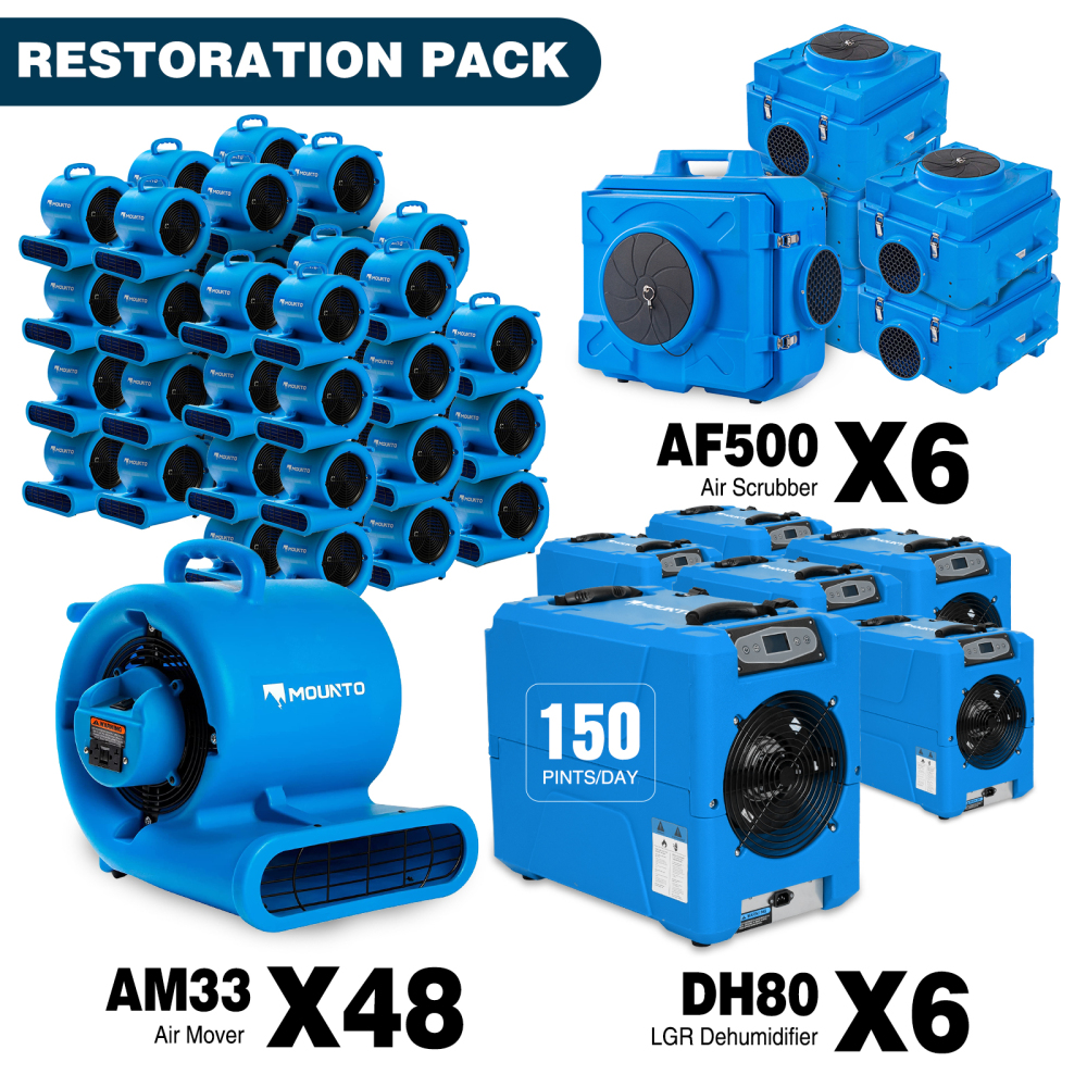 MOUNTO Air Mover Air Scrubber Dehumidifier Combo Package for Water Damage Restoration （ 6xDH80 6xAF500 48xAM33