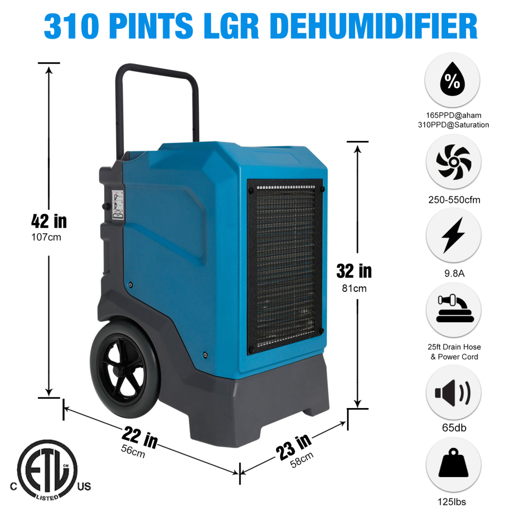 MOUNTO 310Pints LGR Commercial Dehumidifier with Pump and Drain Hose, LGR Portable Dehumidifier with wheels for Home, Basements, Garages, and Job Sites