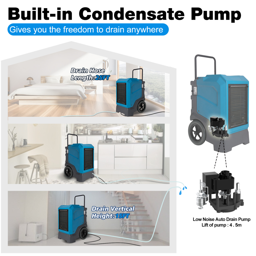 MOUNTO 310Pints LGR Commercial Dehumidifier with Pump and Drain Hose, LGR Portable Dehumidifier with wheels for Home, Basements, Garages, and Job Sites