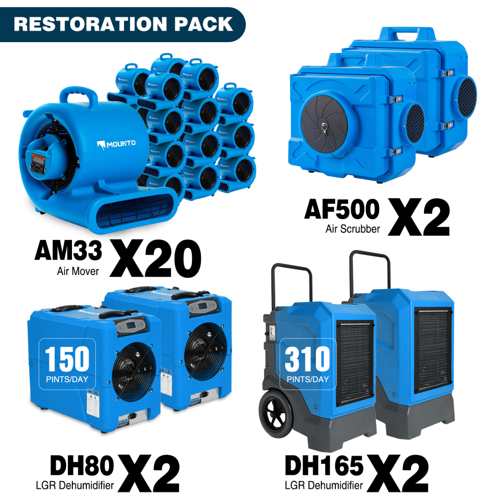 MOUNTO Air Mover Air Scrubber Dehumidifier Combo Package for Water Damage Restoration （ 2xDH80 2xDH165 2xAF500 20xAM33