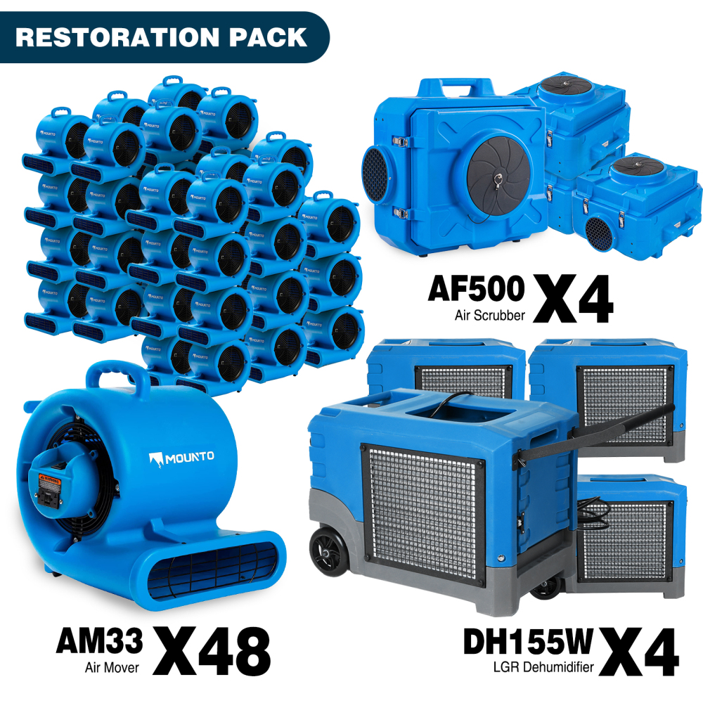MOUNTO Air Mover Air Scrubber Dehumidifier Combo Package for Water Damage Restoration （ 4xDH155w 4xAF500 48xAM33)