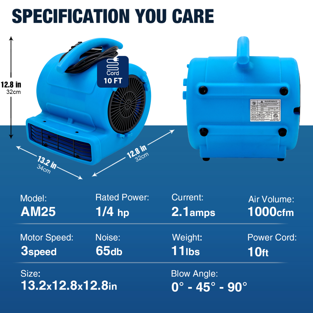 MOUNTO AM25 1/4HP Compact Air Mover Carpet Dryer w/ dual outlet for Air Cooling Circulation
