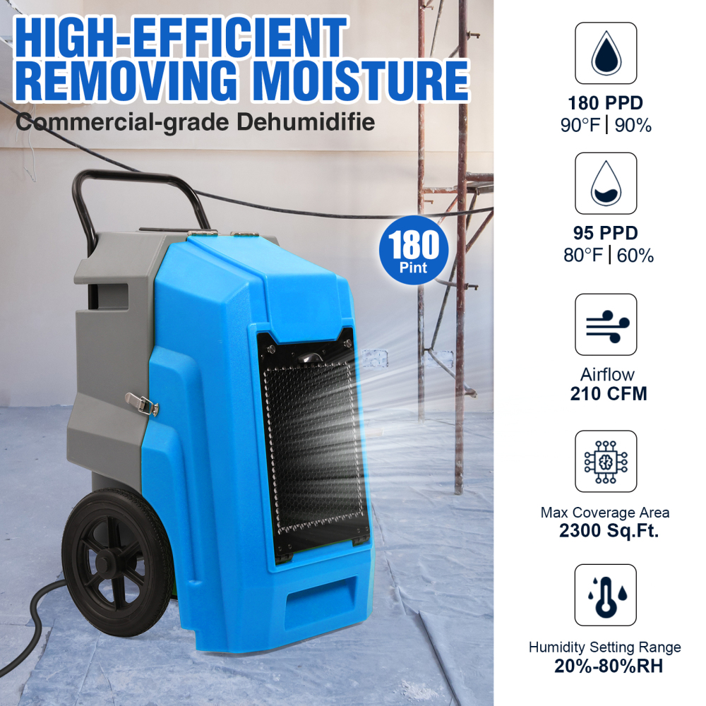 MOUNTO DH95 180Pints Compact Roto-Molding LGR Dehumidifier for Water Damage Restoration