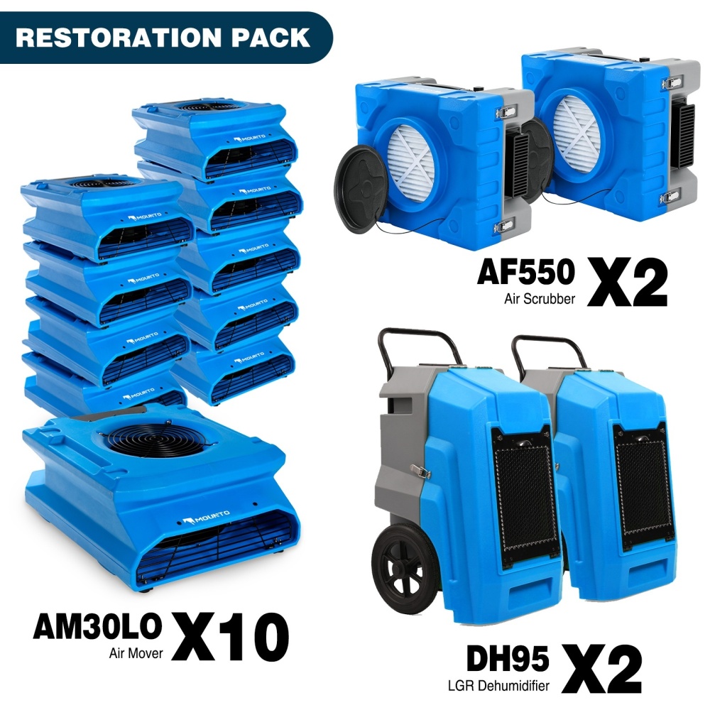 MOUNTO 2,400 sq ft low-profile water damage restoration package: 10x AM30LOC low-profile air movers, 2x HEPA air scrubbers and 2x DH95 LGR dehumidifiers shown together