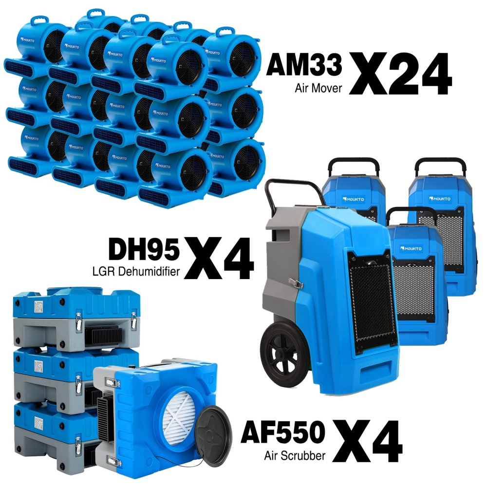 MOUNTO 4,750 sq ft water damage restoration package: 24x AM33 air movers, 4x DH95 LGR dehumidifiers and 4x HEPA air scrubbers shown together