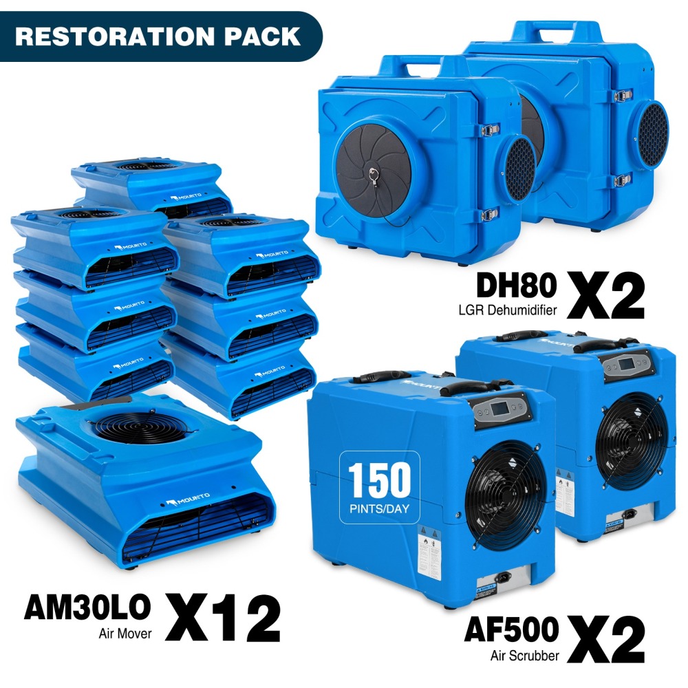 MOUNTO 2,000 sq ft low-profile water damage restoration package: AM30LOC low-profile air movers, 2x AF500 HEPA air scrubbers and 2x DH80 LGR dehumidifiers shown together