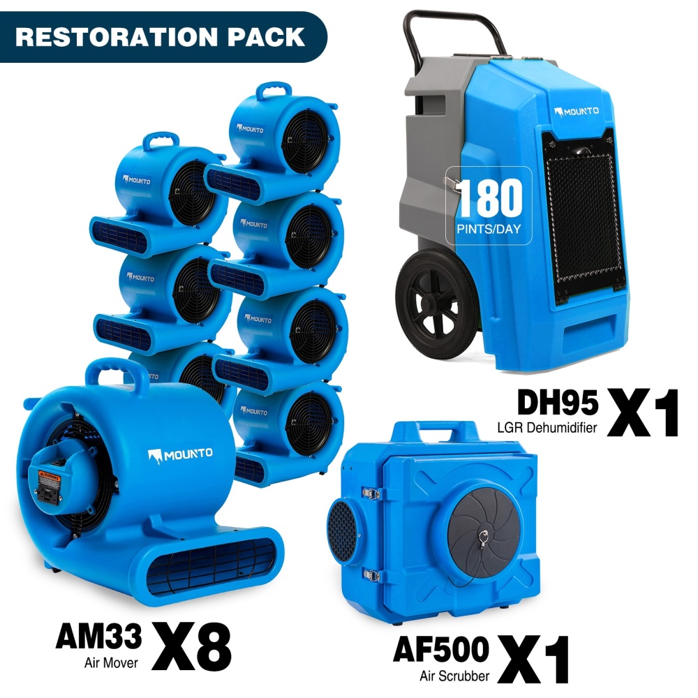 MOUNTO 1,200 sq ft water damage restoration package: 8x AM33 air movers, 1x AF500 HEPA air scrubber and 1x DH95 LGR dehumidifier shown together