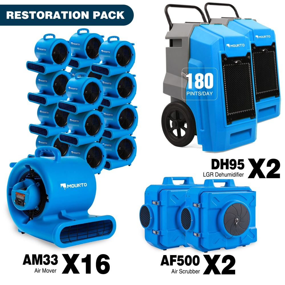 MOUNTO 2,400 sq ft water damage restoration package: 16x AM33 air movers, 2x AF500 HEPA air scrubbers and 2x DH95 LGR dehumidifiers shown together