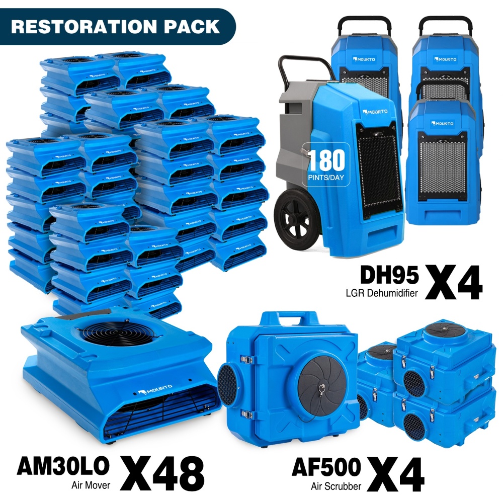 MOUNTO 4,750 sq ft Elite low-profile water damage restoration package: 48x AM30LOC low-profile air movers, 4x AF500 HEPA air scrubbers and 4x DH95 LGR dehumidifiers shown together