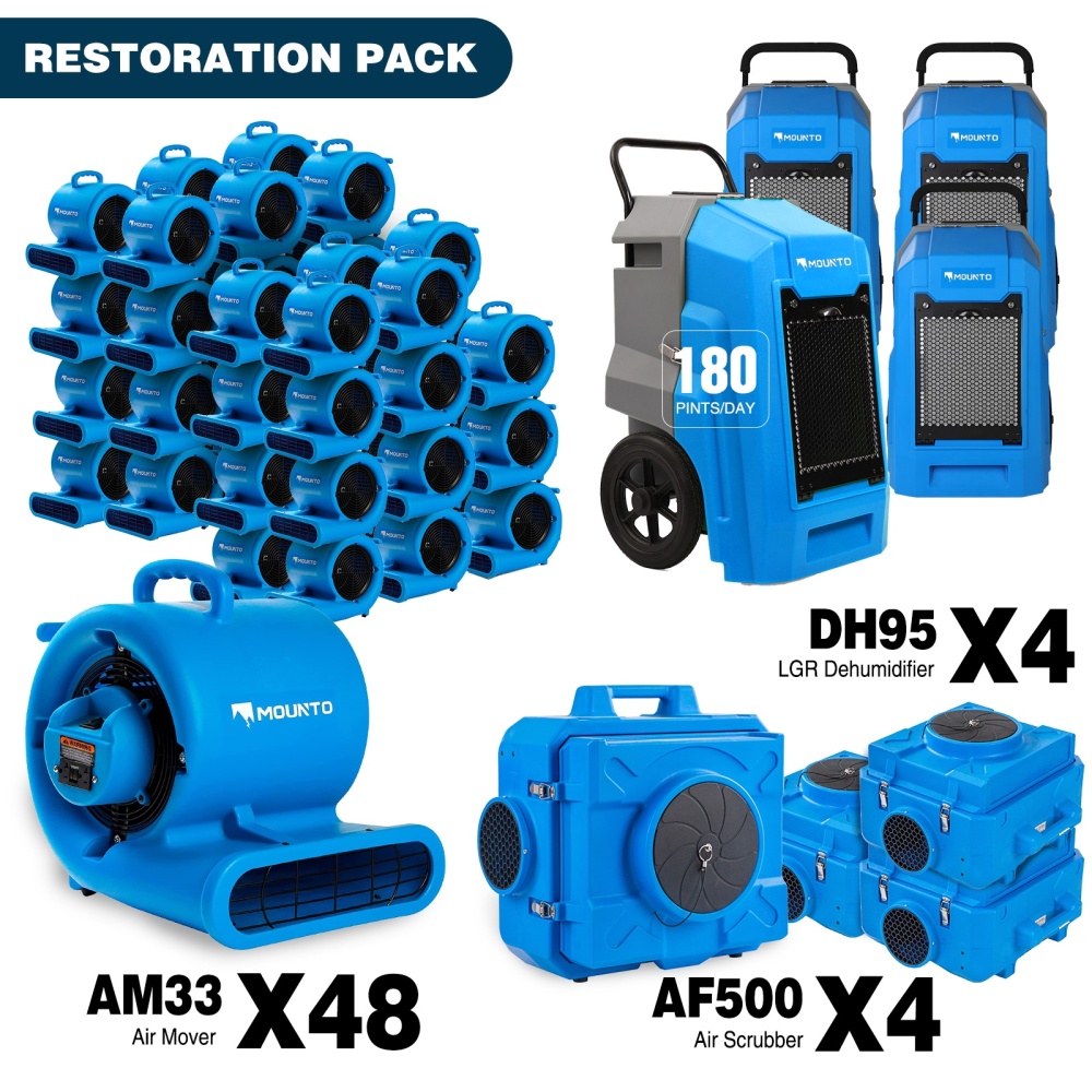 MOUNTO 4,750 sq ft Elite water damage restoration package: 48x AM33 air movers, 4x AF500 HEPA air scrubbers and 4x DH95 LGR dehumidifiers shown together