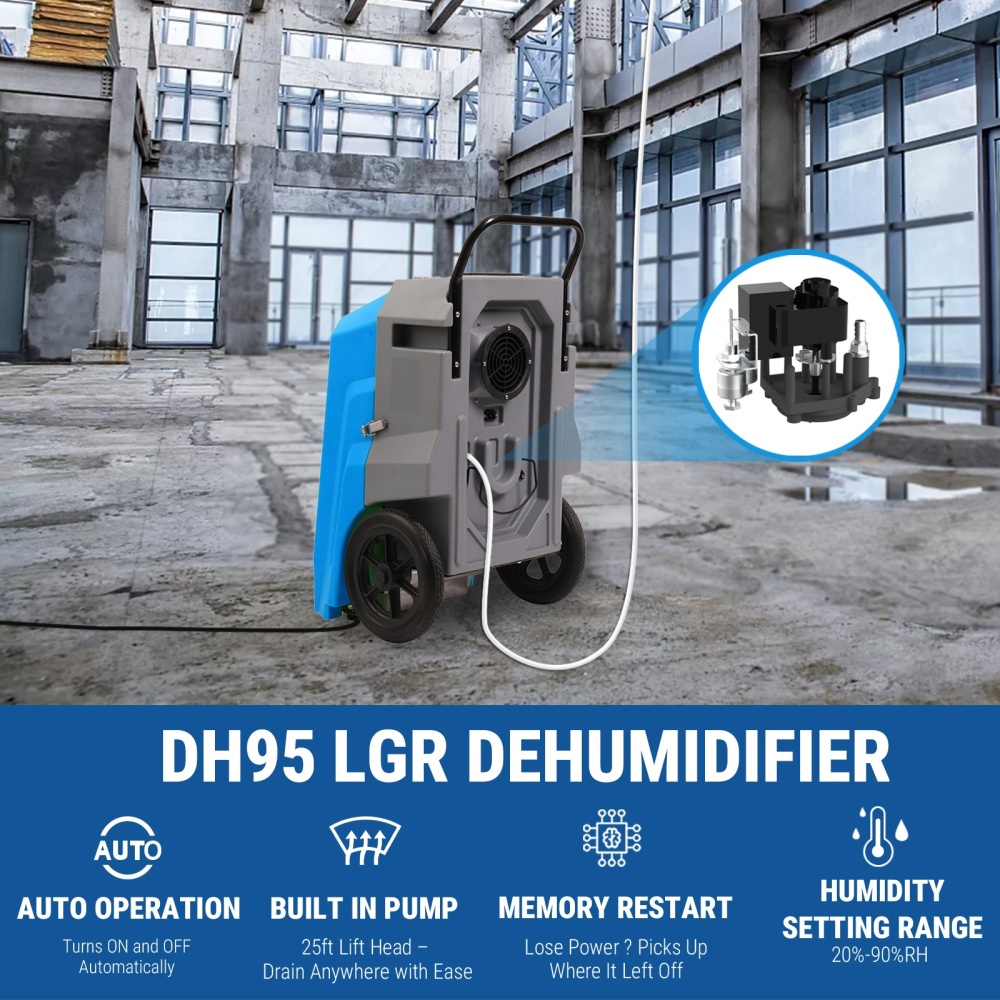 MOUNTO DH95 LGR dehumidifier features: auto operation, built-in pump with 25 ft lift head, memory restart and a 20% to 90% RH setting range