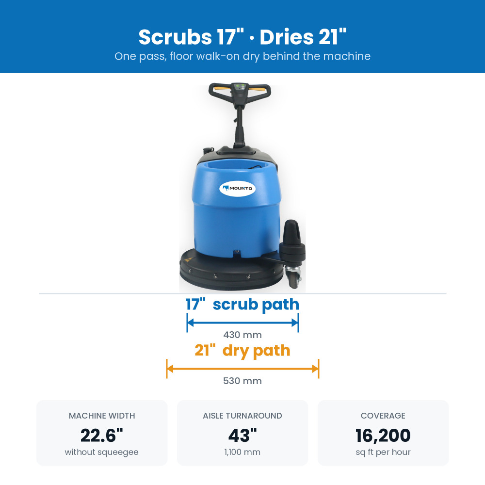 MOUNTO S30 Walk-Behind Floor Scrubber Dryer - 17 in Path, 7.1 Gal, 24V Battery, Foldable Handle