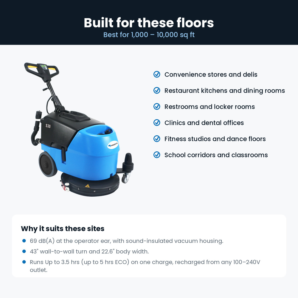 MOUNTO S30 Walk-Behind Floor Scrubber Dryer - 17 in Path, 7.1 Gal, 24V Battery, Foldable Handle