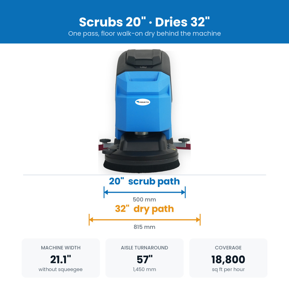 MOUNTO S50 Walk-Behind Floor Scrubber Dryer - 20 in Path, 13.2 Gal, 24V Battery, 60 dB