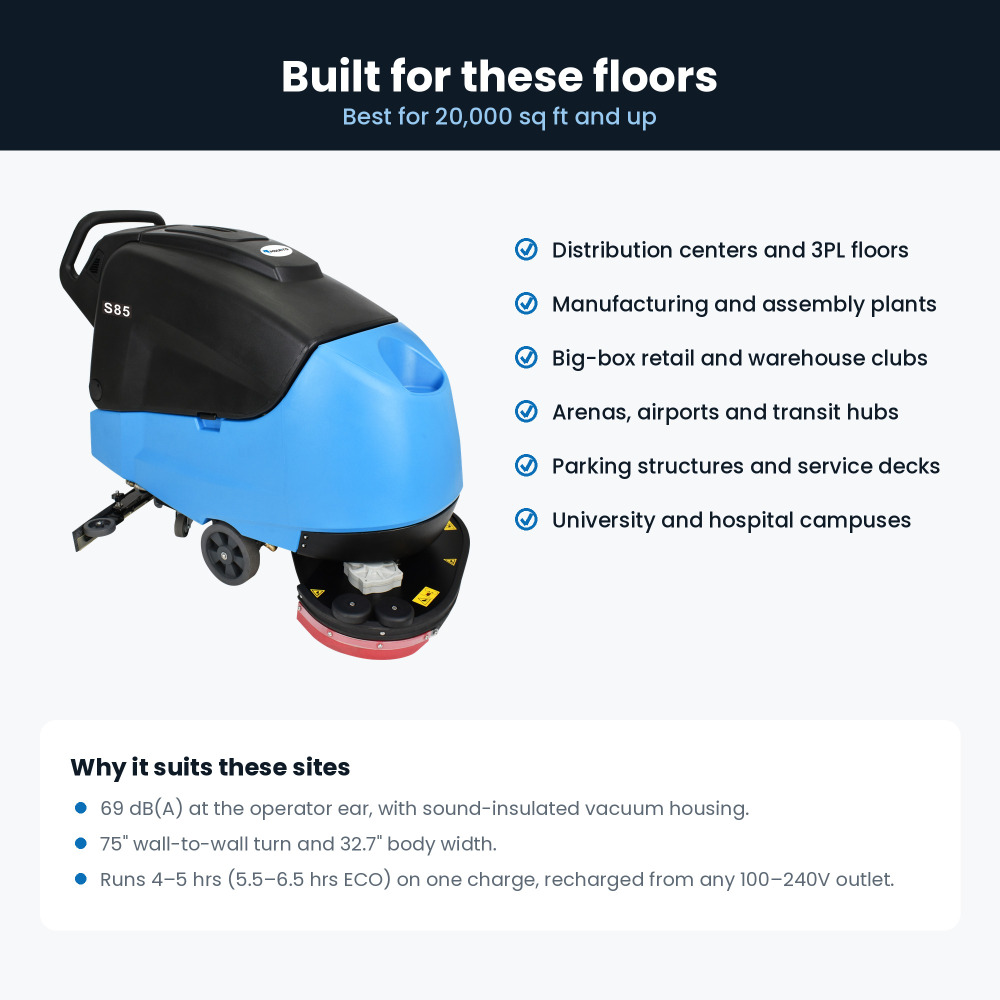 MOUNTO S85 Self-Propelled Walk-Behind Floor Scrubber Dryer - 28 in Twin Disc, 22.5 Gal, 24V
